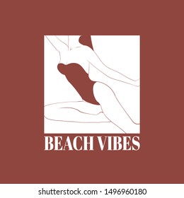Beach vibes. Vector hand drawn illustration of girl in swimsuit isolated. Template for card, poster. banner, print for t-shirt, pin, badge, patch.
