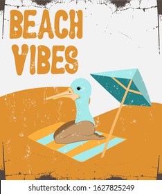 Beach vibes. Vector hand drawn illustration of duck with woman's legs isolated. Template for card, poster, banner, print for t-shirt, pin, badge, patch.