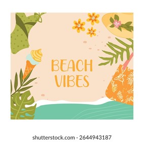 Ilustração De Vetor De Vibes De Praia Com Elementos De Verão.
