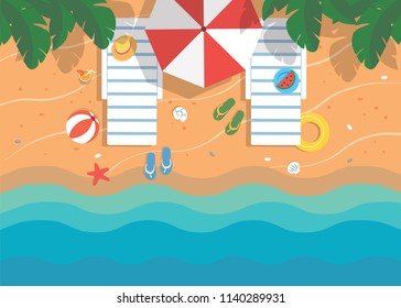 Beach view from above, flat summer illustration. Two chaise longues, umbrella, sea shells, flip flops, sand, waves and waves.