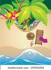 beach view from above and a parrot