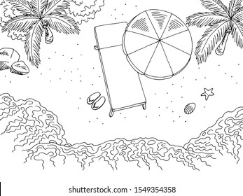 Beach view from above top graphic black white landscape sketch illustration vector