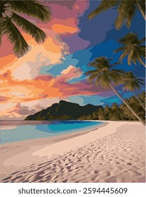 Beach view in the afternoon. With orange clouds. Design Vector 