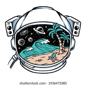 Beach view in astronaut helmet illustration