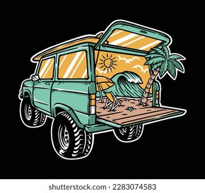 beach view in the car illustration