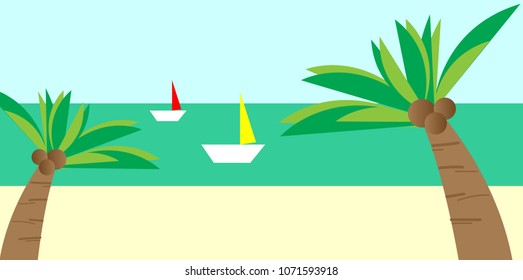 Beach view  with coconut trees and boats. vector background. nice white sand, summer vacation.