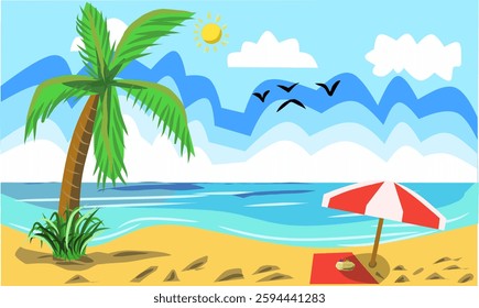 Beach view during the day. With Palm trees and Umbrella. Design Vector 
