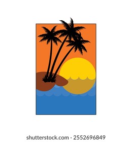 beach view at dusk with tropical ornaments such as coconut trees, sunset over the beach and a small island. Design element Symbol sunset on the beach. Illustration design with nature theme