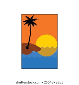 beach view at dusk with tropical ornaments such as coconut trees, sunset over the beach and a small island. Design element Symbol sunset on the beach. Illustration design with nature theme