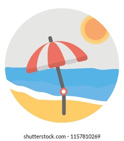 
Beach view having sand and beach umbrella 
