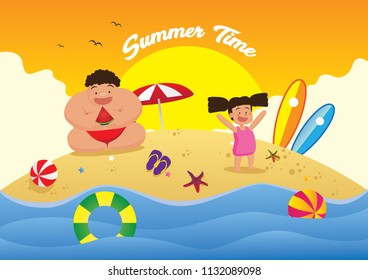 Beach view illustration background with girl, man, woman in beach, umbrellas, balls, sunglasses, surfboard,  hat, sandals, juice, starfish and sea. poster for summer or invitation card, vector eps 10