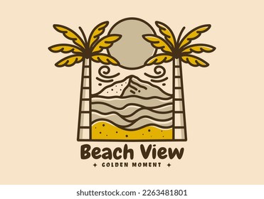 Beach view illustration line art drawing in vintage color