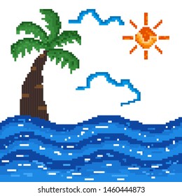 beach view illustration pixel art style. Beach pixel art. EPS 10