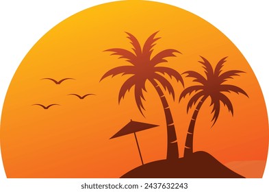 beach view logo design, sunset with island logo design vector illustration	