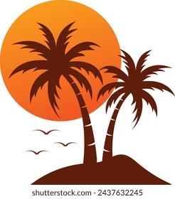 beach view logo design, sunset with island logo design vector illustration	