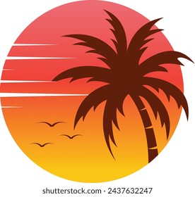 beach view logo design, sunset with island logo design vector illustration	