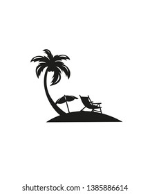 Beach view with lounger and parasol, vector sketch illustration. Sunny summertime scene with palms and sea.