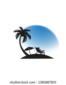 Beach view with lounger and parasol, vector sketch illustration. Sunny summertime scene with palms and sea.