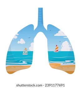 La metáfora de los pulmones con vistas a la playa. Caricatura pulmones limpios, pulmones humanos sanos con línea de costa oceánica. Concepto de cuidado del medio ambiente ilustración vectorial plana