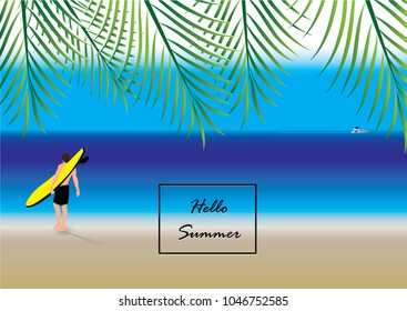 Beach view (Man with surfboard  and sea view)  in hello summer concept,  Eps 10 vector