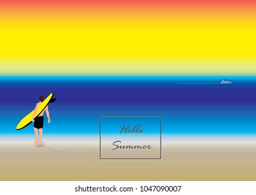 Beach view (man with surfboard and sea view) in hello summer concept, Eps 10 vector