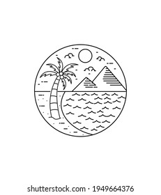 beach view with mountain backdrop mono line art, badge patch pin graphic illustration, vector art t-shirt design