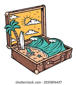 Beach view in old suitcase illustration