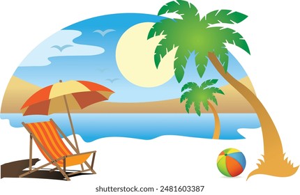 Beach View on summer day background with Umbrella and chair