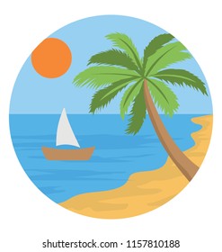 
Beach view with palm tree, sun and boat 
