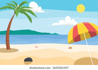 beach view with a palm tree and a beach umbrella under a bright sun for backdrop or background or other uses