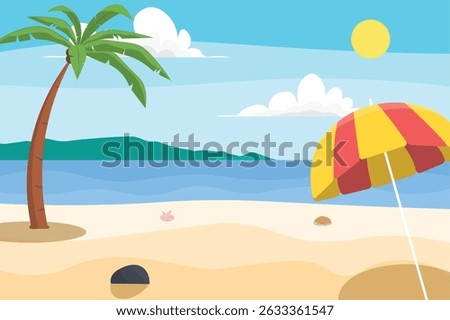 beach view with a palm tree and a beach umbrella under a bright sun for backdrop or background or other uses