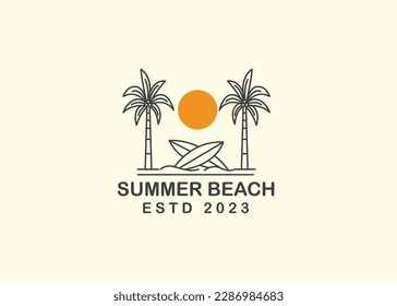 vistas a la playa con palmeras y tablas de surf de coches en arte monolínea, diseño de placa de parche, diseño de emblemas, diseño de camisetas