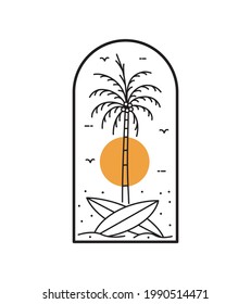 beach view with palm trees and surfboard in mono line art, patch badge design, emblem design, T-Shirt Design