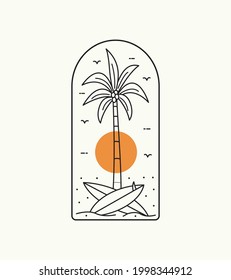 beach view with palm trees and surfboard in mono line art, patch badge design, emblem design, T-Shirt Design