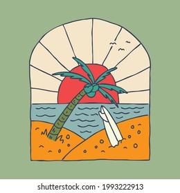 Beach view with plant, surfboard, and sunset graphic illustration vector art t-shirt design