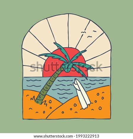 Beach view with plant, surfboard, and sunset graphic illustration vector art t-shirt design