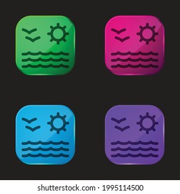 Beach View Of Sea Sun And Seagulls Couple four color glass button icon