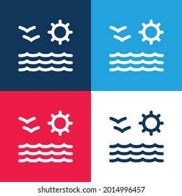 Beach View Sun and Seagulls Vier-Farben-Minimal-Icon Set