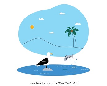 Beach view, a seagull standing on a rock looking at a fish jumping out of the water, coconut trees and sun background, ecosystem vector illustration.