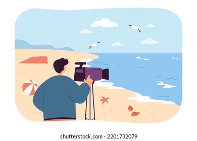 Beach view shooting by professional videographer. Man with camera filming flying seagulls over sea waves flat vector illustration. Video concept for banner, website design or landing web page