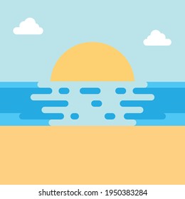Vista de playa con ilustración del vector solar. Estilo de caricatura de icono plano adecuado para página web, banner, volante, pegatina, tarjeta, fondo. Concepto de viajes de vacaciones.