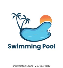 beach view swimming pool logo design vector symbol template illustration