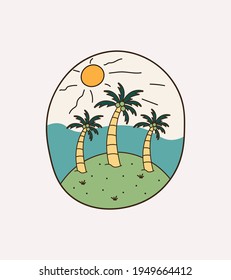 beach view and three coconut trees ,badge patch pin graphic illustration, vector art t-shirt design