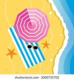 beach view up with umbrella towel and sunglasses. summer. vector illustration