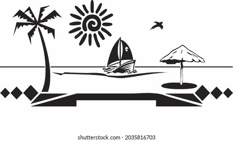 Beach view. Vector illustration of seaside promenade with palms, umbrella and yachts. Black and white hand drawn sketch. Holiday Vector Illustration. Summer holidays design elements.