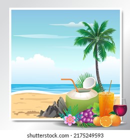 Beach view vector illustration with young coconuts and fruits.