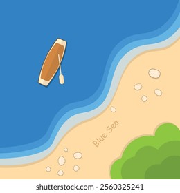 A beach view with a wooden boat floating on the blue sea. The shore is adorned with sand, small rocks, and green bushes, making it look beautiful