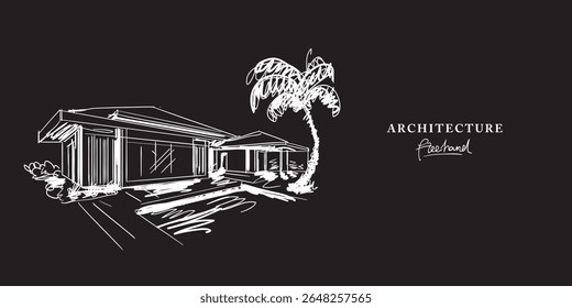 Projeto de arquitetura de vila de praia desenho à mão livre, desenho desenhado à mão de esboço Desenho.