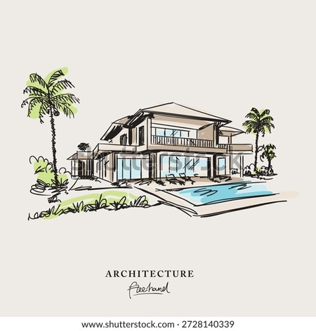 Beach villa architecture design freehand drawing, Sketch Hand drawn Drawing design.