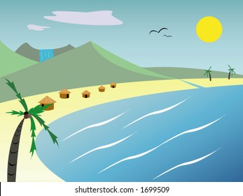 A beach and village.
